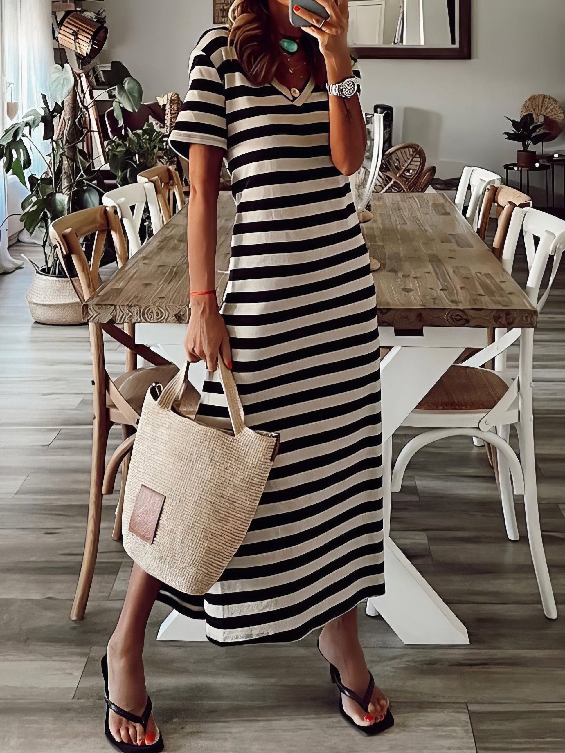 Maxi Dresses - Striped Print V-Neck Short Sleeve Slit Dress - MsDressly