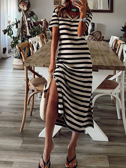 Maxi Dresses - Striped Print V-Neck Short Sleeve Slit Dress - MsDressly