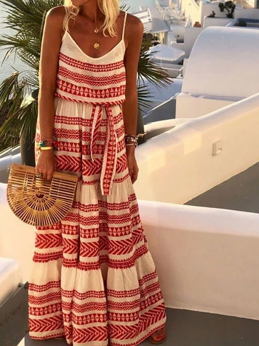 Women's Dresses Striped Print V-Neck Sling Belted Dress - Maxi Dresses - Instastyled | Online Fashion Free Shipping Clothing, Dresses, Tops, Shoes - 20/05/2022 - 30-40 - Casual Dresses