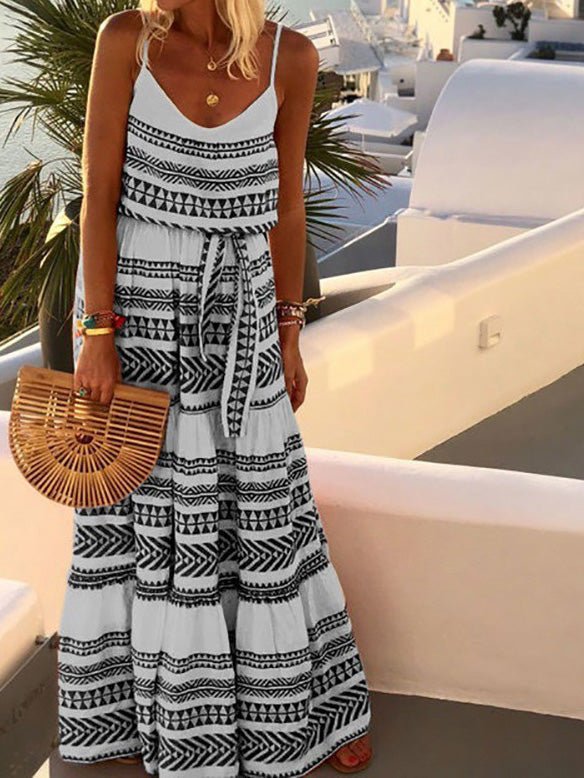 Women's Dresses Striped Print V-Neck Sling Belted Dress - Maxi Dresses - Instastyled | Online Fashion Free Shipping Clothing, Dresses, Tops, Shoes - 20/05/2022 - 30-40 - Casual Dresses