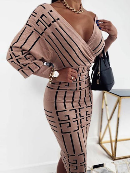 Women's Dresses Striped V Neck Long Sleeve High Waisted Midi Dress - MsDressly