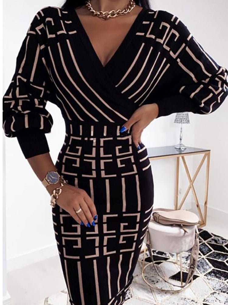 Women's Dresses Striped V Neck Long Sleeve High Waisted Midi Dress - MsDressly