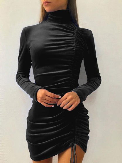 Women's Dresses Suede Drawstring High Neck Long Sleeve Tight Dress - Mini Dresses - INS | Online Fashion Free Shipping Clothing, Dresses, Tops, Shoes - 02/09/2021 - 20-30 - Category_Mini Dresses