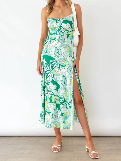 Women's Dresses Suspender Print Slit Maxi Dress - Maxi Dresses - Instastyled | Online Fashion Free Shipping Clothing, Dresses, Tops, Shoes - 09/02/2022 - 30-40 - color-green