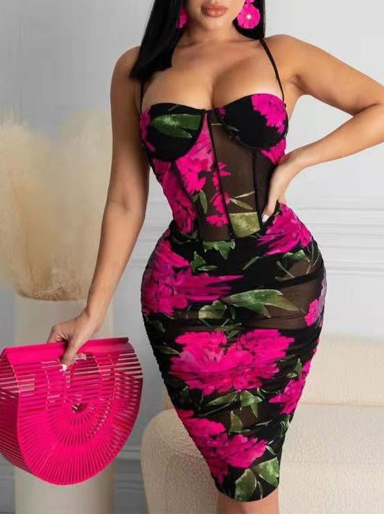 Women's Dresses Suspenders Mesh Print Bodycon Dresses - Midi Dresses - Instastyled | Online Fashion Free Shipping Clothing, Dresses, Tops, Shoes - 01/03/2022 - 30-40 - Bodycon Dresses