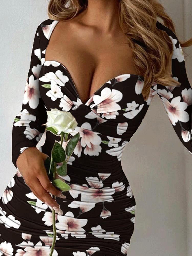 Women's Dresses Sweet V-Neck Long Sleeve Printed Skinny Dress - Mini Dresses - INS | Online Fashion Free Shipping Clothing, Dresses, Tops, Shoes - 20-30 - 30/08/2021 - Category_Mini Dresses