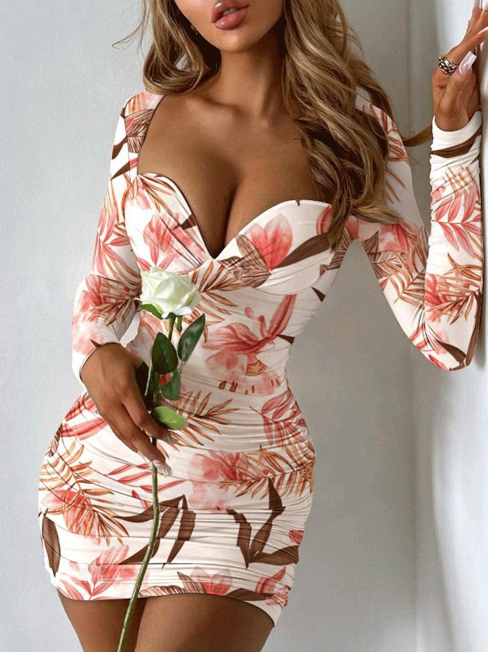 Women's Dresses Sweet V-Neck Long Sleeve Printed Skinny Dress - Mini Dresses - INS | Online Fashion Free Shipping Clothing, Dresses, Tops, Shoes - 20-30 - 30/08/2021 - Category_Mini Dresses