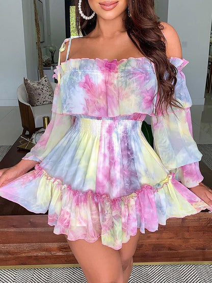 Women's Dresses Tie-Dye Print One-Shoulder Elastic Waist Dress - Mini Dresses - Instastyled | Online Fashion Free Shipping Clothing, Dresses, Tops, Shoes - 03/08/2022 - Color_Multicolor - DRE2208035007