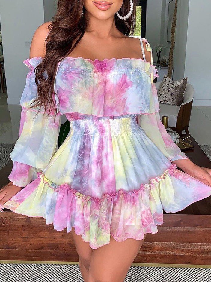 Women's Dresses Tie-Dye Print One-Shoulder Elastic Waist Dress - Mini Dresses - Instastyled | Online Fashion Free Shipping Clothing, Dresses, Tops, Shoes - 03/08/2022 - Color_Multicolor - DRE2208035007