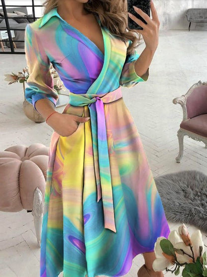 Women's Dresses Tie-Dye Print V-Neck Long Sleeve Dress - Maxi Dresses - Instastyled | Online Fashion Free Shipping Clothing, Dresses, Tops, Shoes - 10/03/2022 - 30-40 - color-multi