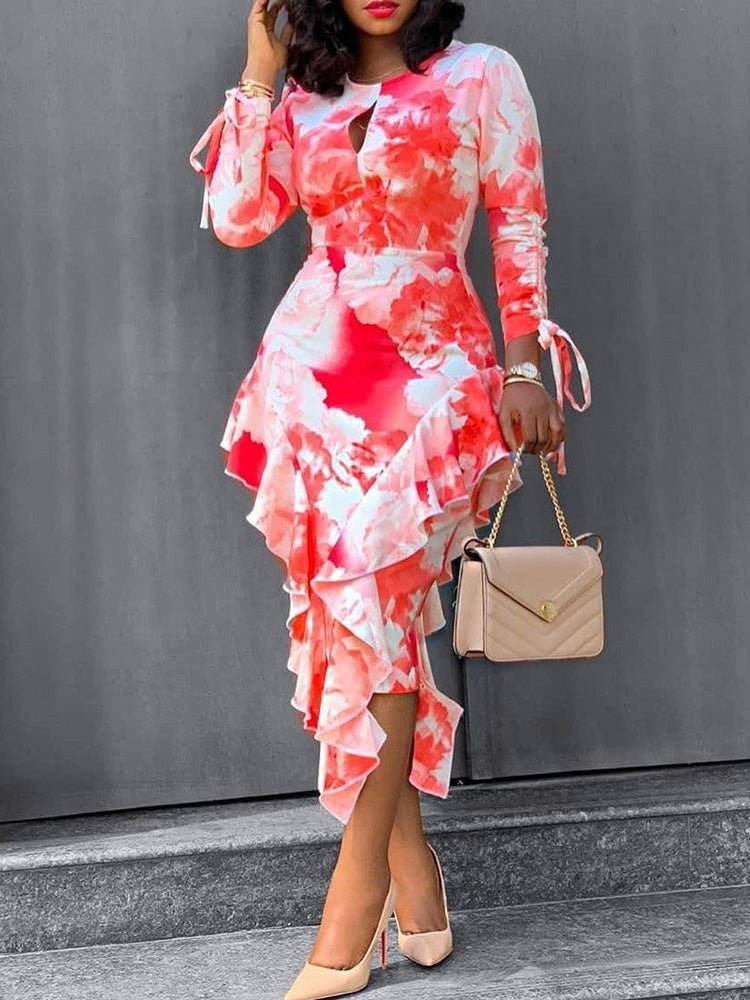 Maxi Dresses - Tie-Dye Printed Long Sleeve Ruffle Fitted Dress - MsDressly