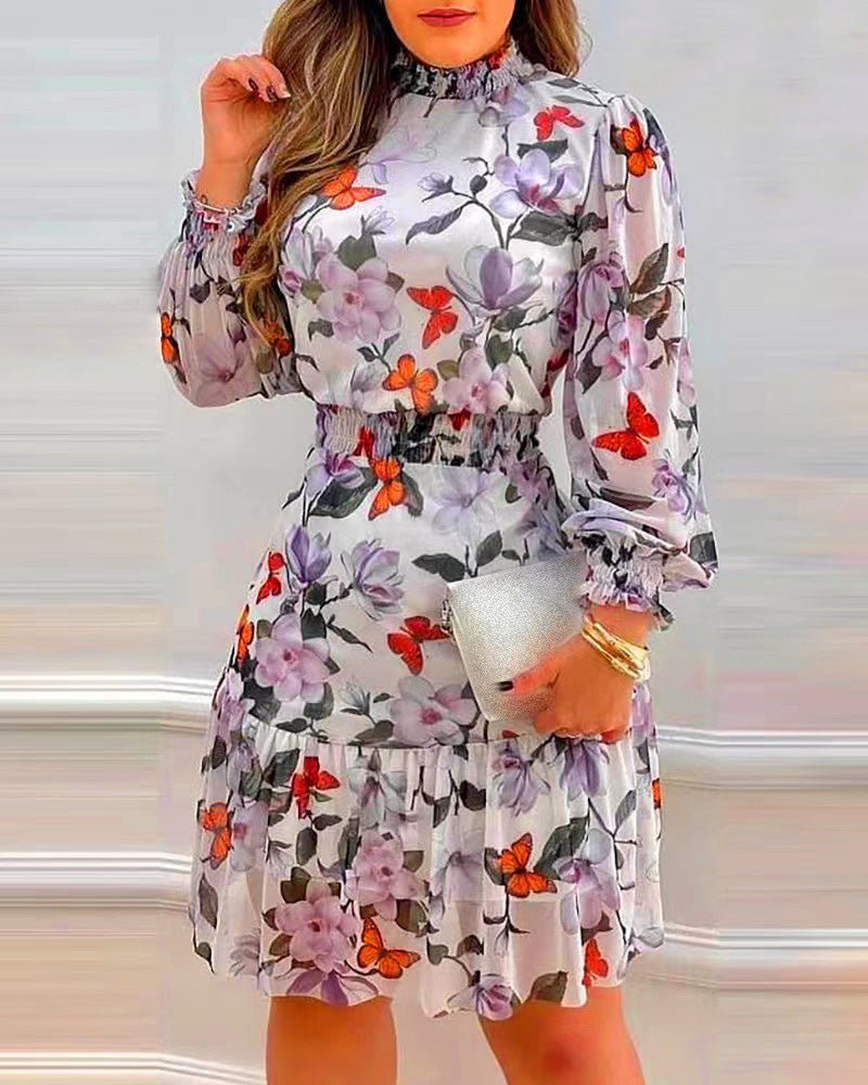 Women's Dresses Turtleneck Floral Print Elastic Waist Long Sleeve Dress - Midi Dresses - Instastyled | Online Fashion Free Shipping Clothing, Dresses, Tops, Shoes - 24/08/2022 - 30-40 - color-blue