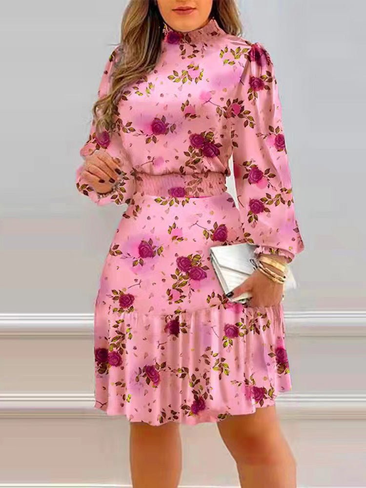 Women's Dresses Turtleneck Floral Print Elastic Waist Long Sleeve Dress - Midi Dresses - Instastyled | Online Fashion Free Shipping Clothing, Dresses, Tops, Shoes - 24/08/2022 - 30-40 - color-blue