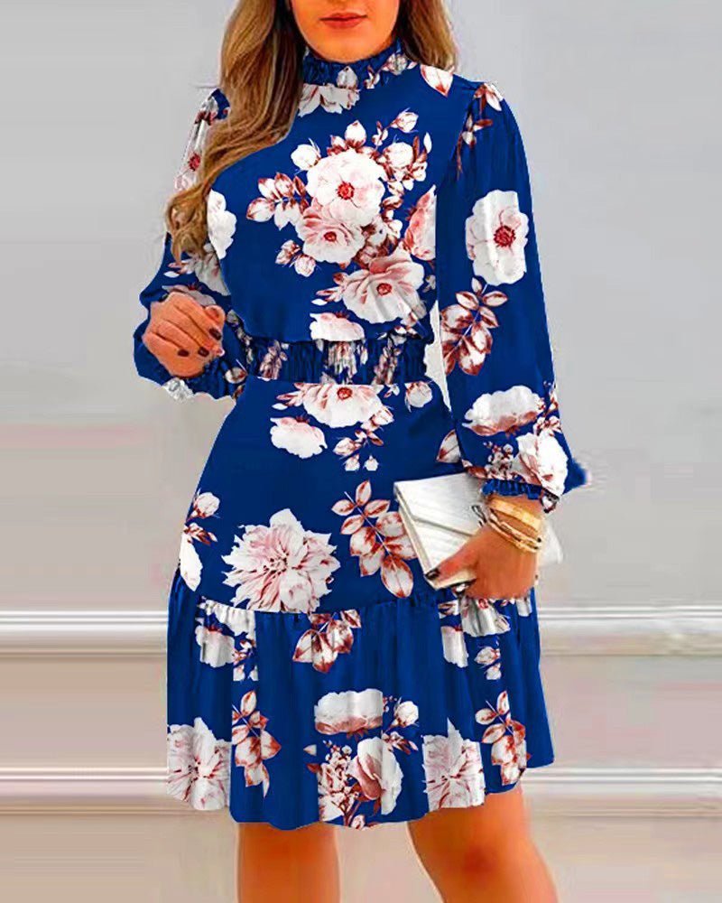 Women's Dresses Turtleneck Floral Print Elastic Waist Long Sleeve Dress - Midi Dresses - Instastyled | Online Fashion Free Shipping Clothing, Dresses, Tops, Shoes - 24/08/2022 - 30-40 - color-blue