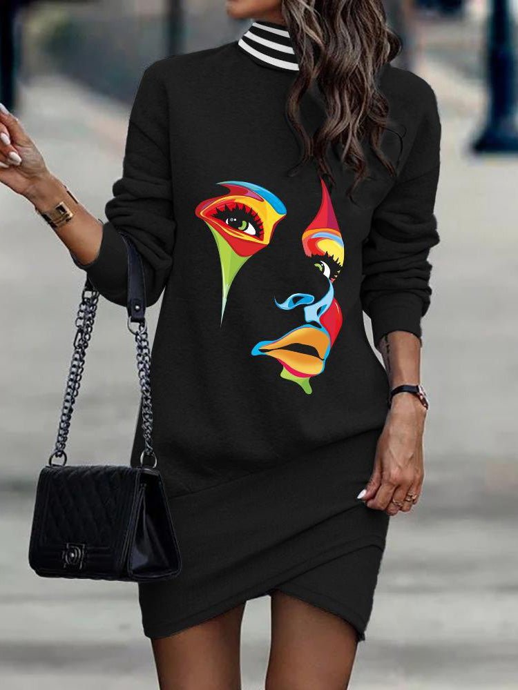 Women's Dresses Turtleneck Long Sleeve Print Dress - Mini Dresses - Instastyled | Online Fashion Free Shipping Clothing, Dresses, Tops, Shoes - 16/09/2022 - Casual Dresses - Color_Apricot