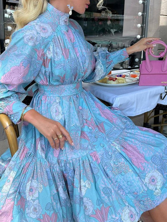 Women's Dresses Turtleneck Vintage Print Long Sleeve Dress - Mini Dresses - Instastyled | Online Fashion Free Shipping Clothing, Dresses, Tops, Shoes - 22/08/2022 - 40-50 - color-blue