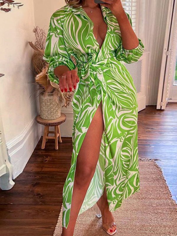 Women's Dresses V-Neck Abstract Print Temperament Long Sleeve Midi Dress - Midi Dresses - Instastyled | Online Fashion Free Shipping Clothing, Dresses, Tops, Shoes - 40-50 - 9/12/2022 - color-green