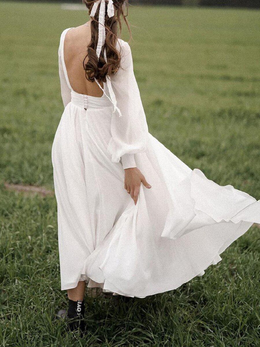 Women's Dresses V-Neck Backless Long Sleeve Swing Dress - Maxi Dresses - Instastyled | Online Fashion Free Shipping Clothing, Dresses, Tops, Shoes - 24/07/2022 - Color_White - DRE2207224871