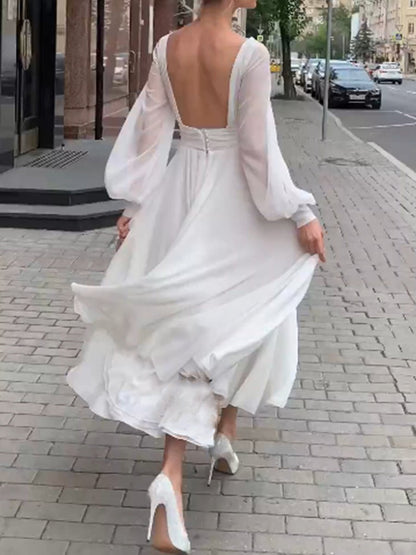 Women's Dresses V-Neck Backless Long Sleeve Swing Dress - Maxi Dresses - Instastyled | Online Fashion Free Shipping Clothing, Dresses, Tops, Shoes - 24/07/2022 - Color_White - DRE2207224871