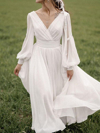 Women's Dresses V-Neck Backless Long Sleeve Swing Dress - Maxi Dresses - Instastyled | Online Fashion Free Shipping Clothing, Dresses, Tops, Shoes - 24/07/2022 - Color_White - DRE2207224871