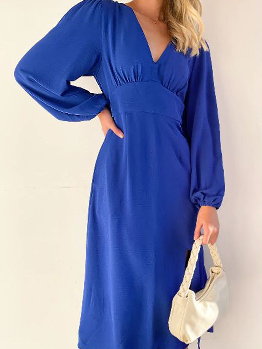 Women's Dresses V-Neck Balloon Sleeve Slit Dress - Maxi Dresses - Instastyled | Online Fashion Free Shipping Clothing, Dresses, Tops, Shoes - 12/08/2022 - Color_Blue - DRE2208125116