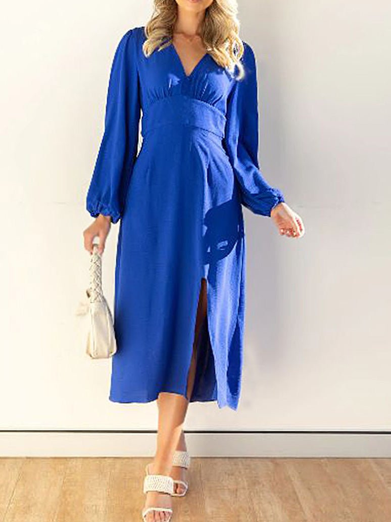 Women's Dresses V-Neck Balloon Sleeve Slit Dress - Maxi Dresses - Instastyled | Online Fashion Free Shipping Clothing, Dresses, Tops, Shoes - 12/08/2022 - Color_Blue - DRE2208125116