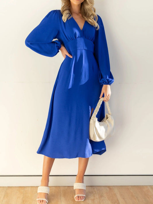 Women's Dresses V-Neck Balloon Sleeve Slit Dress - Maxi Dresses - Instastyled | Online Fashion Free Shipping Clothing, Dresses, Tops, Shoes - 12/08/2022 - Color_Blue - DRE2208125116