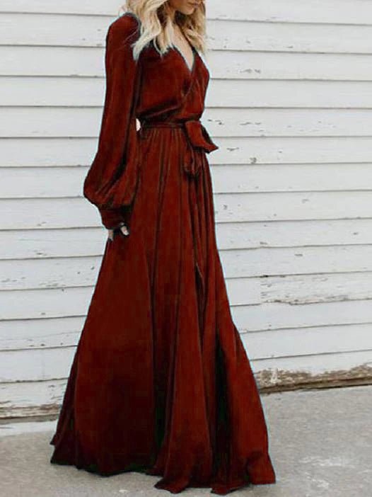 Women's Dresses V-Neck Belted Lantern Sleeve Slit Dress - MsDressly