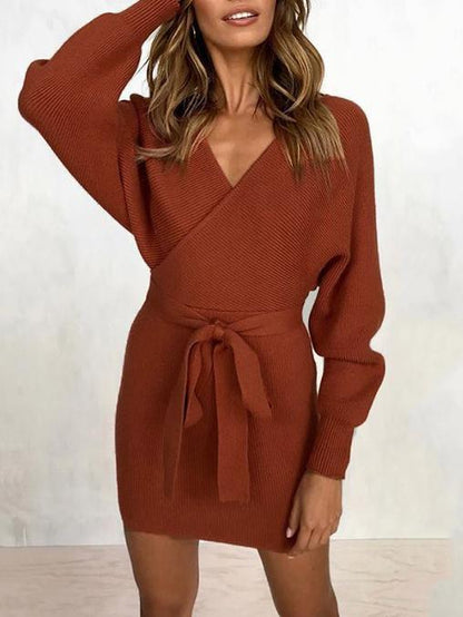 Women's Dresses V-Neck Belted Long Sleeve Knit Mini Dress - Mini Dresses - INS | Online Fashion Free Shipping Clothing, Dresses, Tops, Shoes - 20/11/2021 - Color_Black - Color_Blue