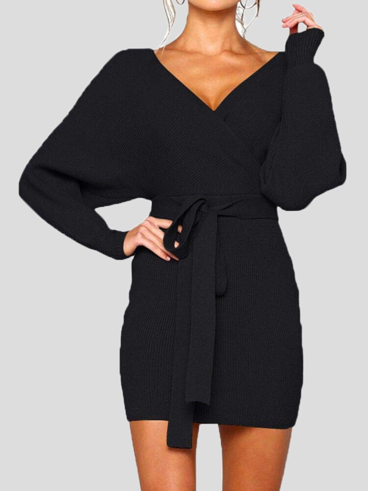 Women's Dresses V-Neck Belted Long Sleeve Knit Mini Dress - Mini Dresses - Instastyled | Online Fashion Free Shipping Clothing, Dresses, Tops, Shoes - 20-30 - 20/11/2021 - color-black