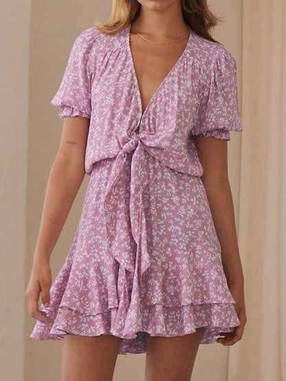 Women's Dresses V-Neck Belted Ruffle Print Dress - Mini Dresses - Instastyled | Online Fashion Free Shipping Clothing, Dresses, Tops, Shoes - 13/06/2022 - 30-40 - color-purple