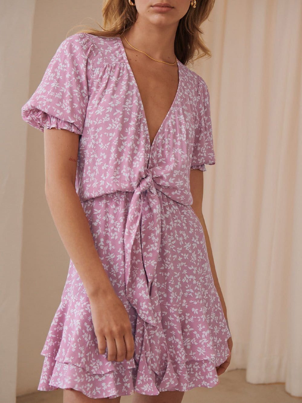 Women's Dresses V-Neck Belted Ruffle Print Dress - Mini Dresses - Instastyled | Online Fashion Free Shipping Clothing, Dresses, Tops, Shoes - 13/06/2022 - 30-40 - color-purple