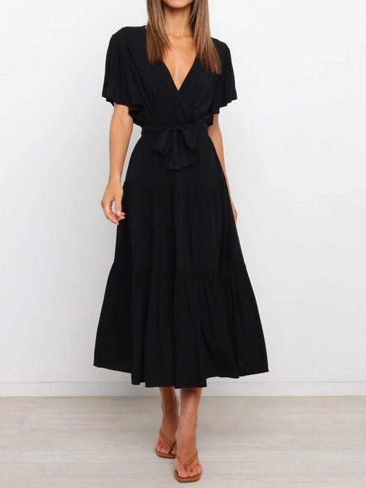 Women's Dresses V-Neck Belted Short Sleeve Dress - Maxi Dresses - Instastyled | Online Fashion Free Shipping Clothing, Dresses, Tops, Shoes - 25/05/2022 - 30-40 - Casual Dresses