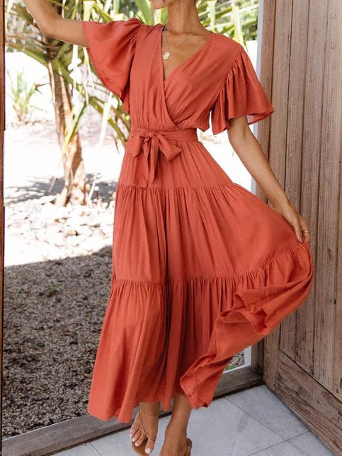 Women's Dresses V-Neck Belted Short Sleeve Dress - Maxi Dresses - Instastyled | Online Fashion Free Shipping Clothing, Dresses, Tops, Shoes - 25/05/2022 - 30-40 - Casual Dresses