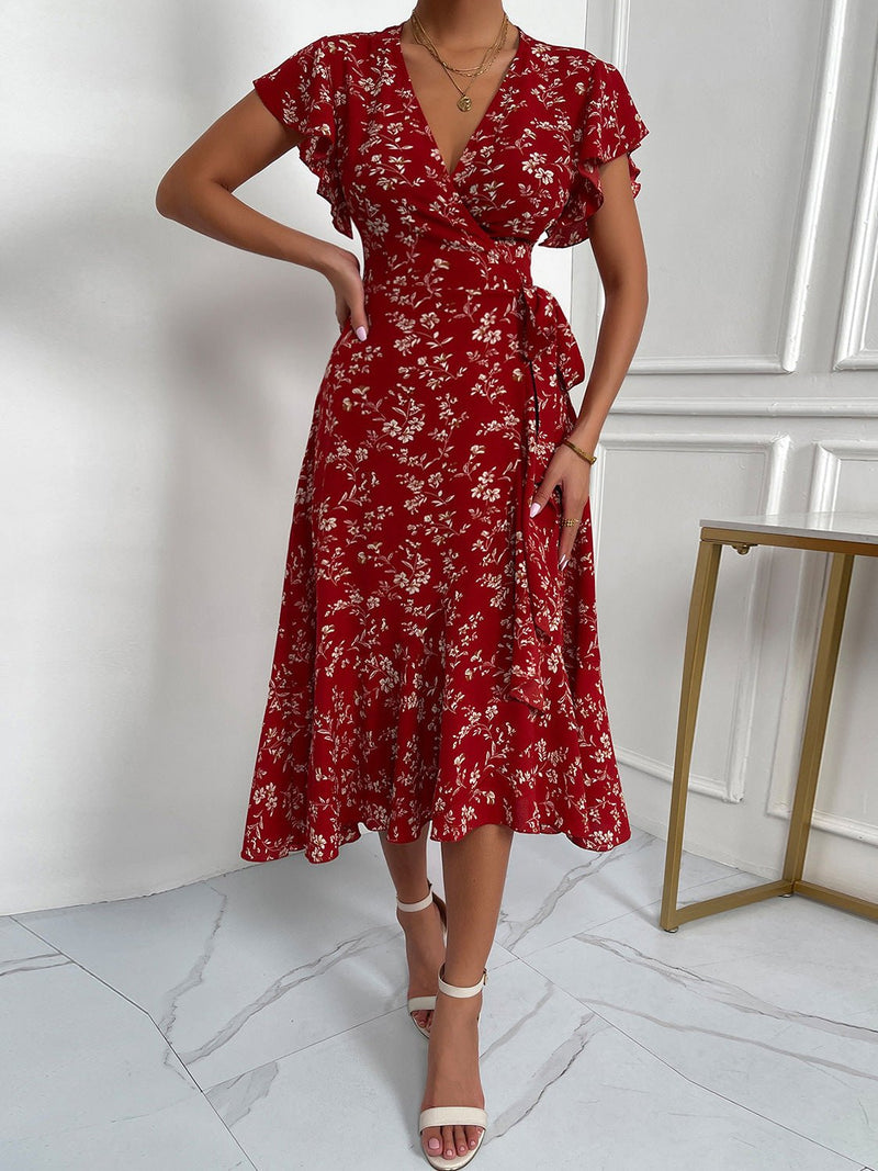 Women's Dresses V-Neck Belted Short Sleeve Print Dress - Midi Dresses - Instastyled | Online Fashion Free Shipping Clothing, Dresses, Tops, Shoes - 16/02/2022 - 40-50 - color-red