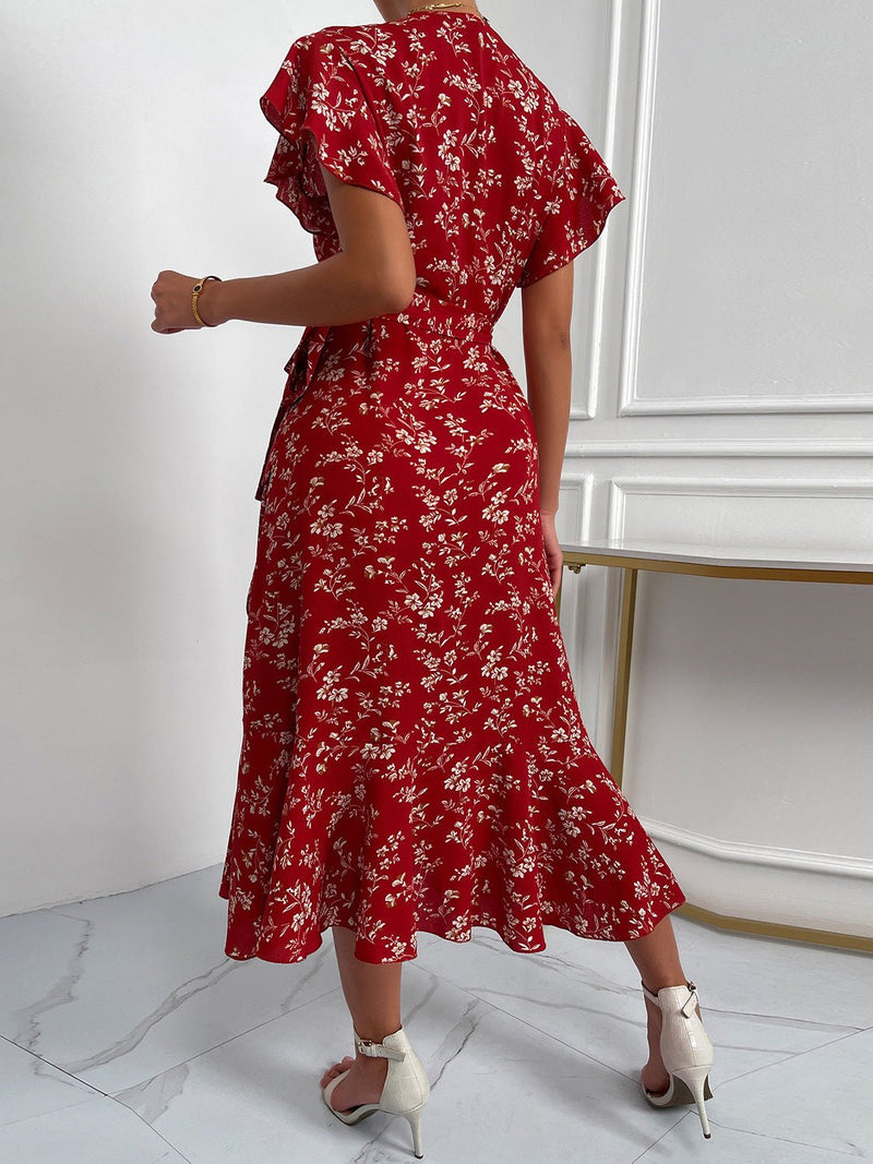 Women's Dresses V-Neck Belted Short Sleeve Print Dress - Midi Dresses - Instastyled | Online Fashion Free Shipping Clothing, Dresses, Tops, Shoes - 16/02/2022 - 40-50 - color-red