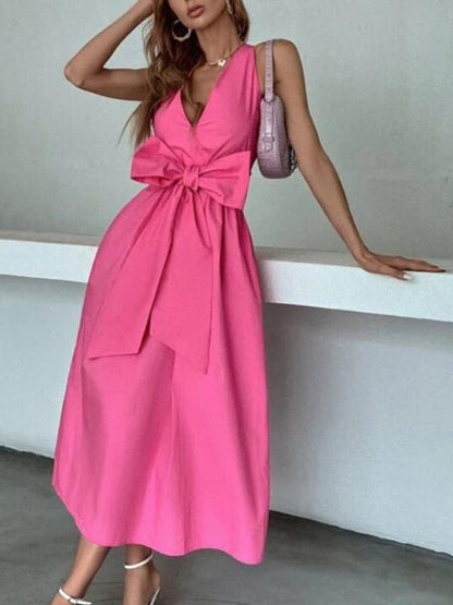 Women's Dresses V Neck Bow Open Back Sleeveless Dress - Maxi Dresses - Instastyled | Online Fashion Free Shipping Clothing, Dresses, Tops, Shoes - 22/06/2022 - 30-40 - Casual Dresses