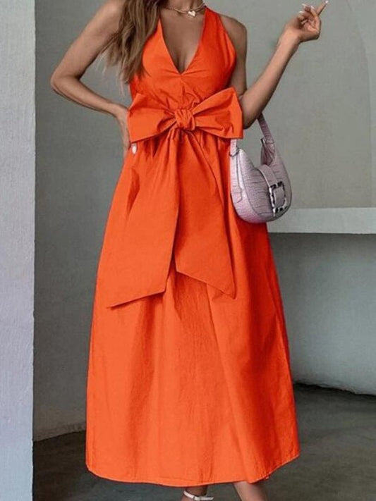 Women's Dresses V Neck Bow Open Back Sleeveless Dress - Maxi Dresses - Instastyled | Online Fashion Free Shipping Clothing, Dresses, Tops, Shoes - 22/06/2022 - 30-40 - Casual Dresses