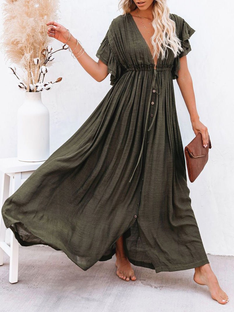 Women's Dresses V-Neck Button Drawstring Waist Pocket Dress - Maxi Dresses - Instastyled | Online Fashion Free Shipping Clothing, Dresses, Tops, Shoes - 10/05/2022 - Casual Dresses - Color_Black
