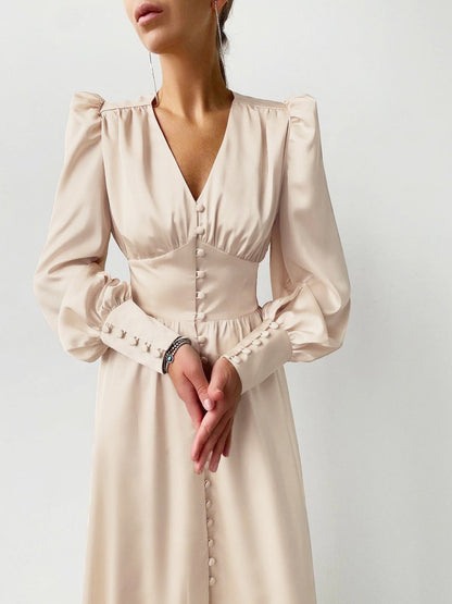 Women's Dresses V-Neck Button Lantern Long Sleeve Dress - Maxi Dresses - Instastyled | Online Fashion Free Shipping Clothing, Dresses, Tops, Shoes - 06/12/2021 - 40-50 - color-beige