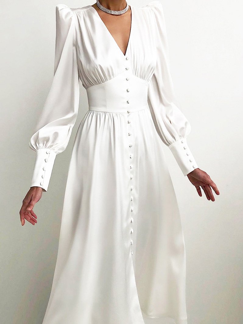 Women's Dresses V-Neck Button Lantern Long Sleeve Dress - Maxi Dresses - Instastyled | Online Fashion Free Shipping Clothing, Dresses, Tops, Shoes - 06/12/2021 - 40-50 - color-beige