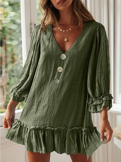 Women's Dresses V Neck Button Long Sleeve Ruffle Dress - Mini Dresses - Instastyled | Online Fashion Free Shipping Clothing, Dresses, Tops, Shoes - 24/06/2022 - Casual Dresses - Color_Beige