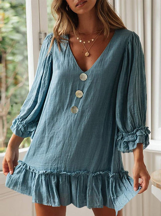 Women's Dresses V Neck Button Long Sleeve Ruffle Dress - Mini Dresses - Instastyled | Online Fashion Free Shipping Clothing, Dresses, Tops, Shoes - 24/06/2022 - Casual Dresses - Color_Beige