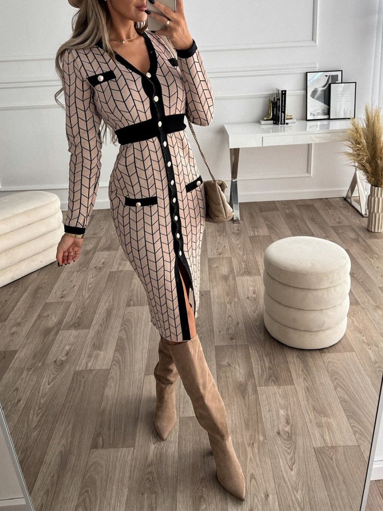 Women's Dresses V-Neck Button Long Sleeve Slim Fit Dress - Midi Dresses - Instastyled | Online Fashion Free Shipping Clothing, Dresses, Tops, Shoes - 18/01/2022 - color-khaki - Color_Khaki