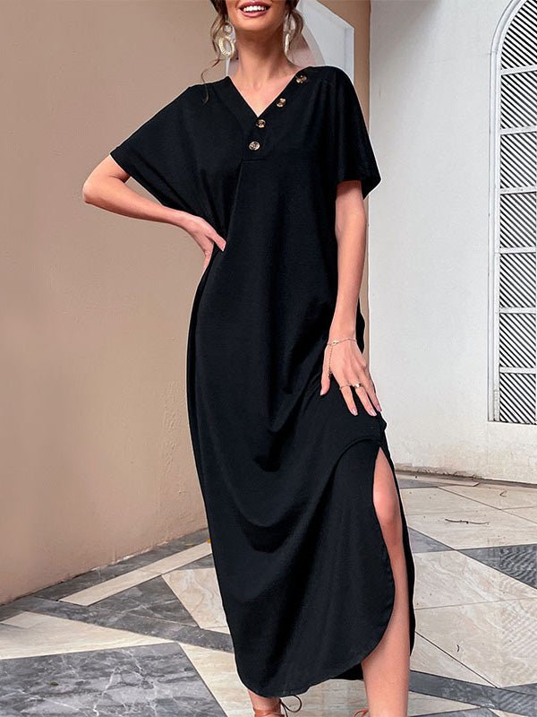 Women's Dresses V-Neck Button Short Sleeve Slit Casual Dress - Maxi Dresses - Instastyled | Online Fashion Free Shipping Clothing, Dresses, Tops, Shoes - 27/06/2022 - 30-40 - Casual Dresses