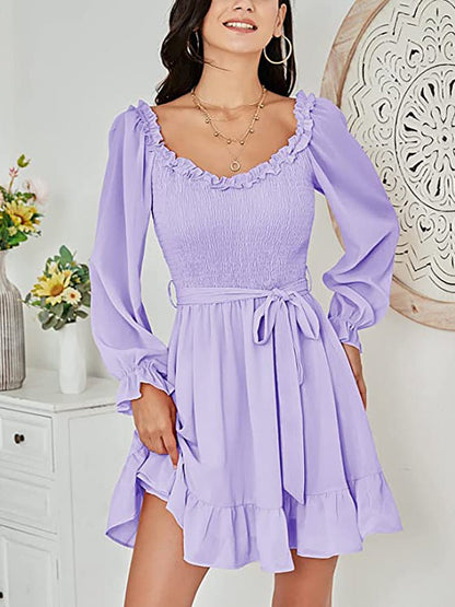 Mini Dresses - V-Neck Chiffon Waist Closing Mini Dress - MsDressly