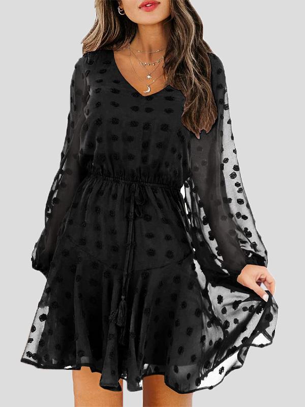 Women's Dresses V-Neck Drawstring Hair Ball Long Sleeve Dress - Mini Dresses - Instastyled | Online Fashion Free Shipping Clothing, Dresses, Tops, Shoes - 15/12/2021 - Color_Black - Color_Blue