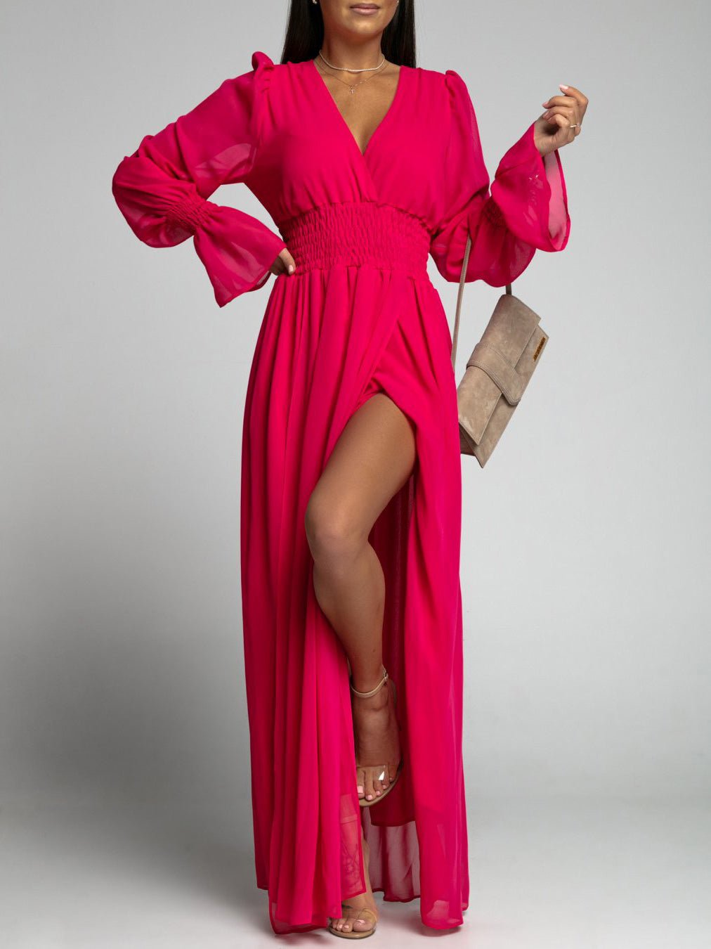 Women's Dresses V-Neck Elastic Waist Long Sleeve Slit Dress - Maxi Dresses - Instastyled | Online Fashion Free Shipping Clothing, Dresses, Tops, Shoes - 26/08/2022 - color-apricot - color-one-set5-pcs