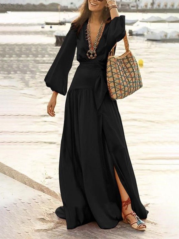 Women's Dresses V Neck Flared Sleeve Slit Dress - Maxi Dresses - Instastyled | Online Fashion Free Shipping Clothing, Dresses, Tops, Shoes - 01/07/2022 - 40-50 - color-black