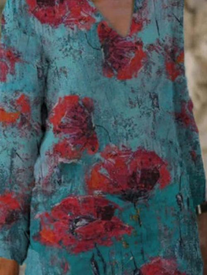 Women's Dresses V-Neck Floral Print Casual Long Sleeve Dress - Midi Dresses - INS | Online Fashion Free Shipping Clothing, Dresses, Tops, Shoes - 10/09/2021 - 20-30 - Category_Midi Dresses
